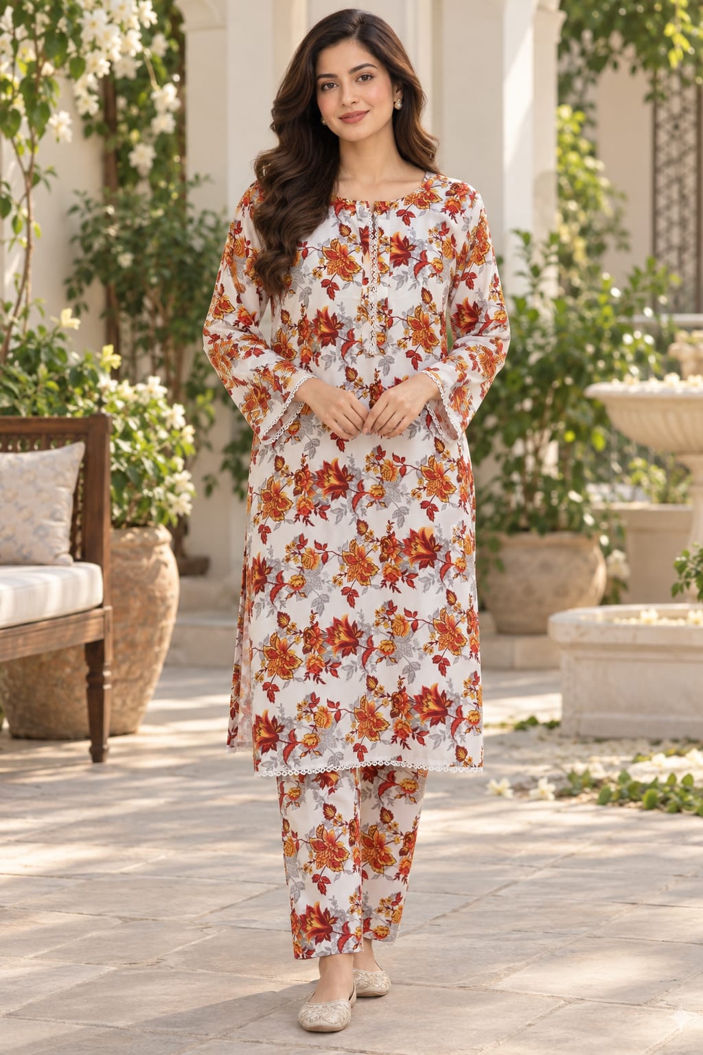 Ivory Rust Floral Printed 2-Piece Suit