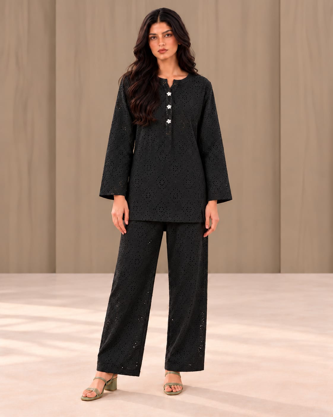 Black Eyelet Co-ord Suit for Women | MANSAB