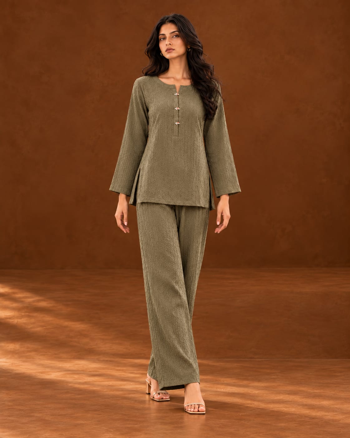 Olive Crinkle Co-ord Suit for Women | MANSAB