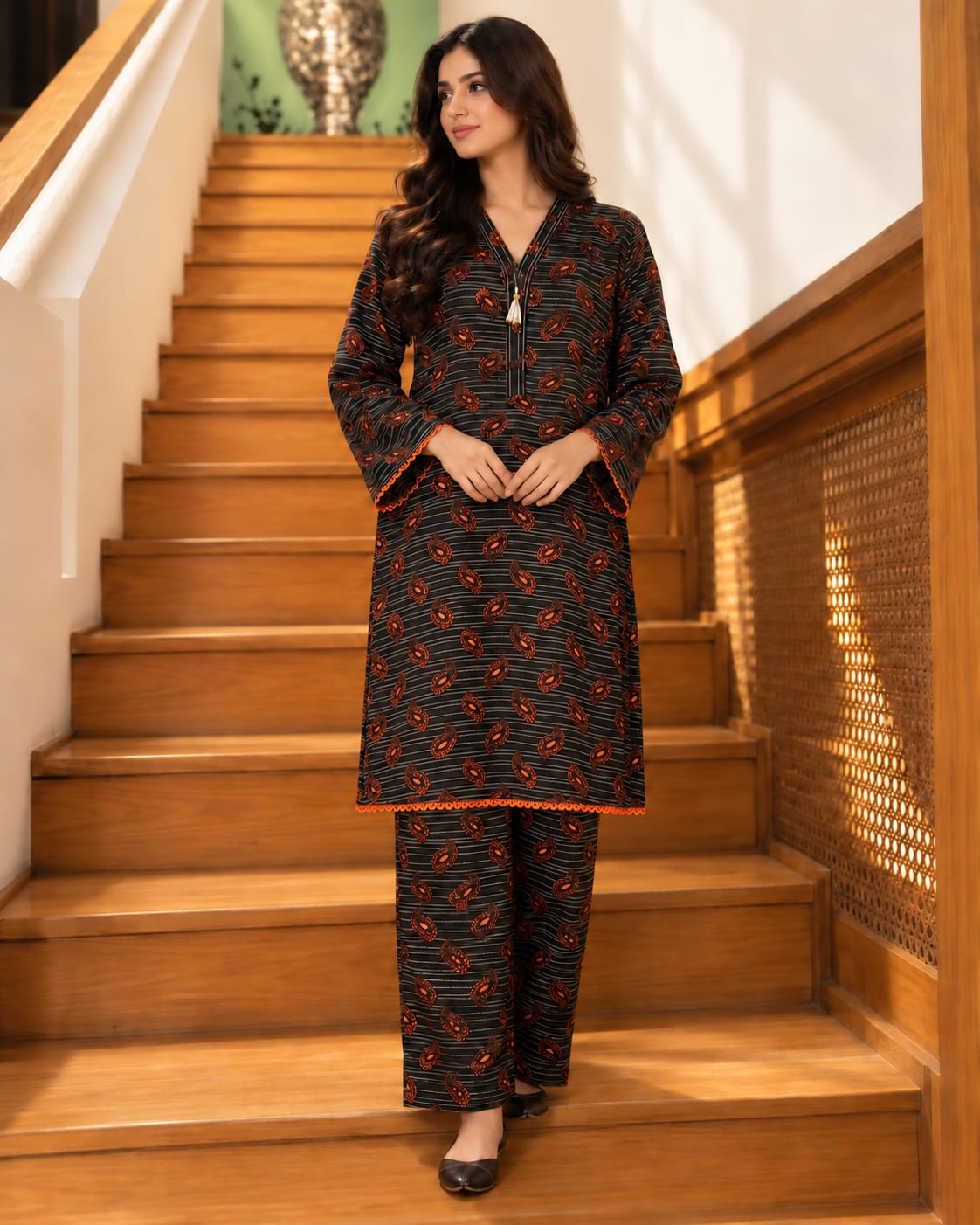 Black & Rust Paisley Printed 2-Piece Suit | MANSAB