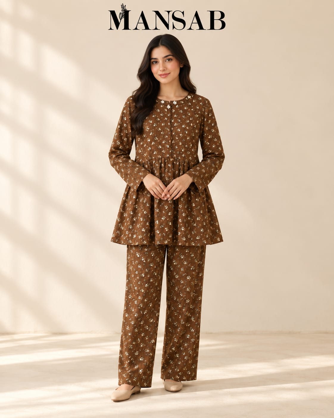 Brown Floral Peplum Co-ord Set for Women